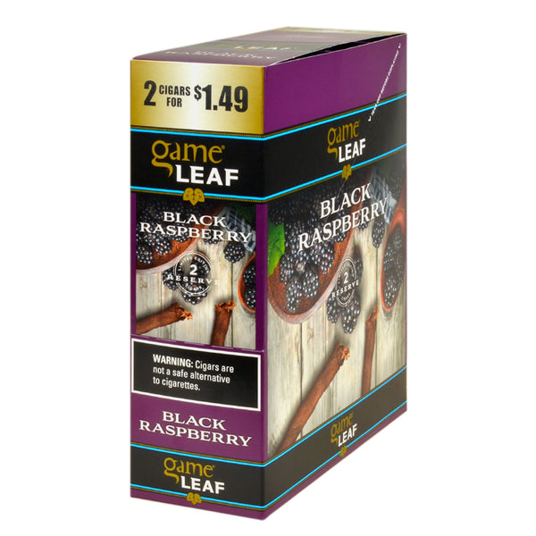 Game Leaf Black Raspberry Cigarillos 15 Pouches of 2 box and individual foil packs showing natural leaf wrapper