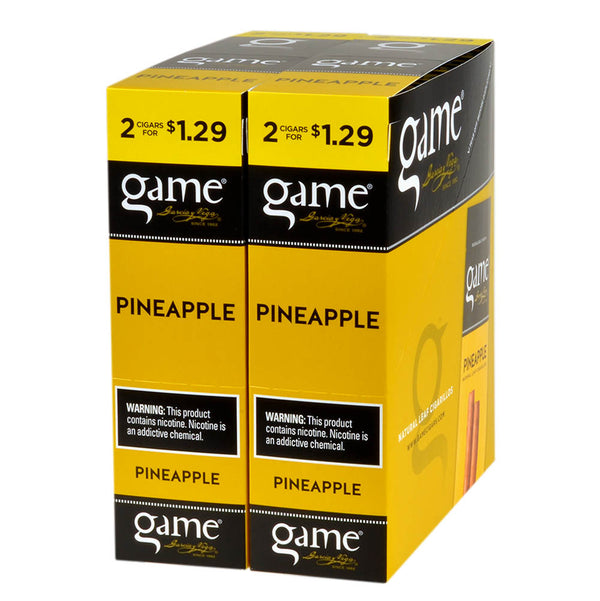 Bulk 30 count box of Game Pineapple Cigarillos in resealable foil packaging