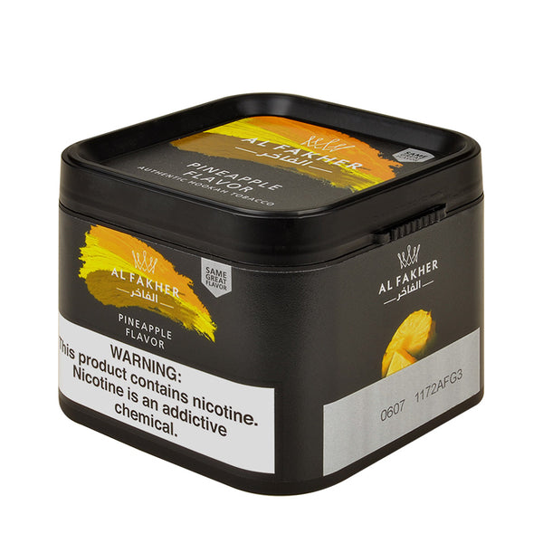 Close up of Al Fakher Pineapple flavor shisha tobacco box highlighting the premium blonde leaf molasses