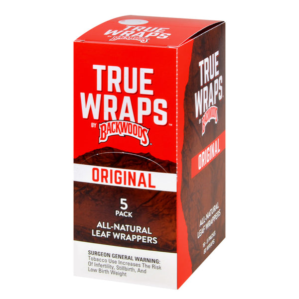 Backwoods True Wraps Original 16-pack display box with 5-count resealable pouches of all natural leaf tobacco wraps