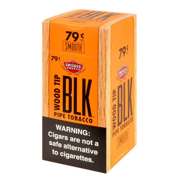 Open 25 count box of Swisher Sweets BLK Wood Tip Cigarillos showing individual foil wraps