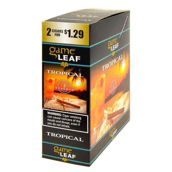 Game Leaf Tropical Cigarillos 15 Pouches of 2 Box and Individual Foil Packaging showing natural leaf wrapper