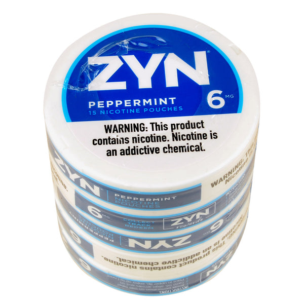Stacked ZYN Peppermint 3mg and 6mg Tobacco-Free Nicotine Pouch Cans Detail Shot