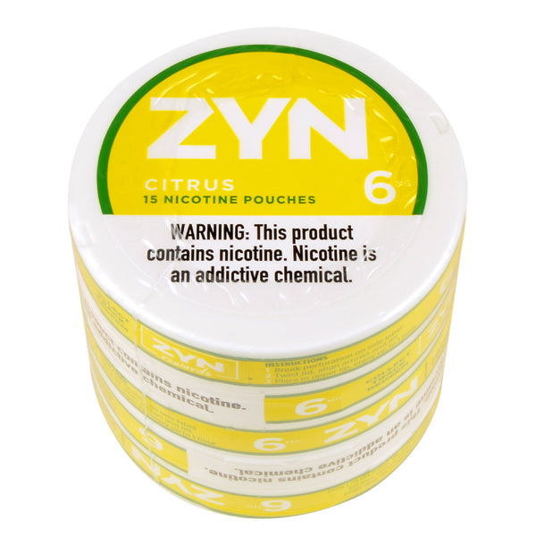 Front view of ZYN Citrus 3mg and 6mg Cans, Tobacco-Free Nicotine Pouch Alternatives