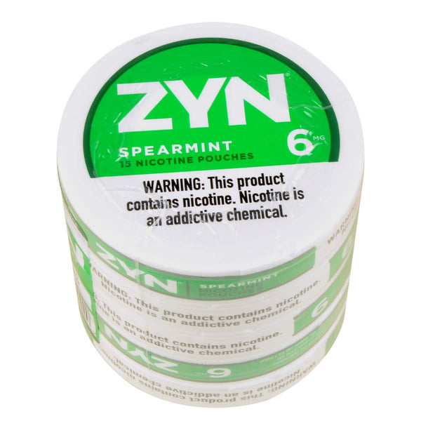 Stacked Zyn Spearmint nicotine pouch cans 5-pack bundle mint flavor packaging