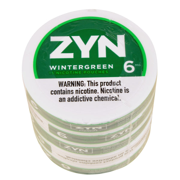 Close-up of ZYN Wintergreen 3mg and 6mg Nicotine Pouch Cans showing flavor and strength details
