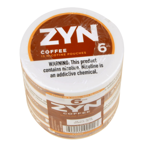 ZYN Coffee Nicotine Pouches 5 Can Pack showing 3mg and 6mg mocha flavor cans