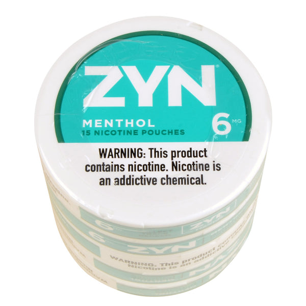 ZYN Menthol Nicotine Pouches 5 Can Roll packaging showing 3mg and 6mg strength options with a crisp mint design