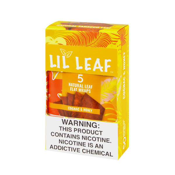 Lil Leaf Natural Leaf Wraps Cognac & Honey 10-pack display box and individual 5-pack pouch featuring premium Dominican tobacco flat wraps