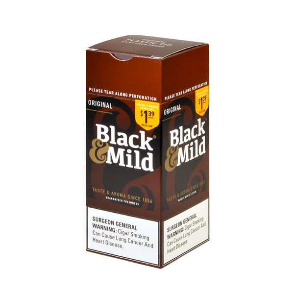 Black & Mild Regular Cigars 25 Count Box showing Pre-Priced Label and Branding