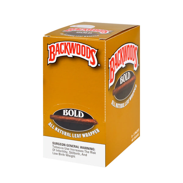 Backwoods Bold Cigarillos 8 Packs of 5 Display Box showing Dark Broadleaf Wrapper and natural leaf texture