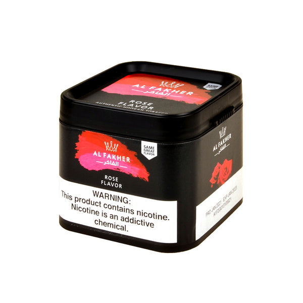 Close-up of Al Fakher Rose Shisha Tobacco packaging highlighting the premium floral design