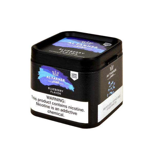 Al Fakher Blueberry Shisha Tobacco 250g resealable tub and 10-pack 50g display for bulk purchase