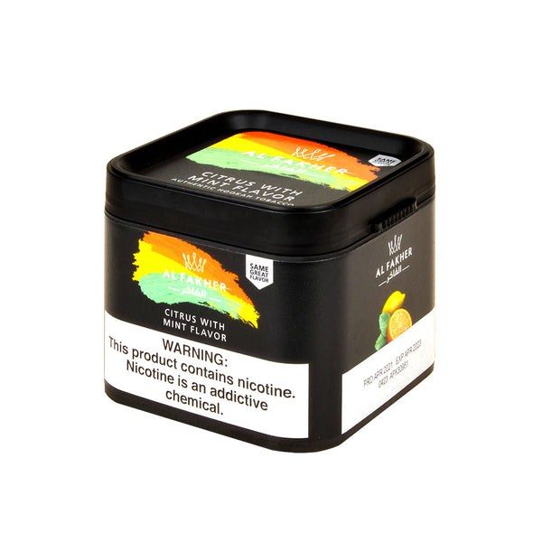 Al Fakher Citrus Mint Shisha Tobacco 250g Tin with Flavor Profile Infographic