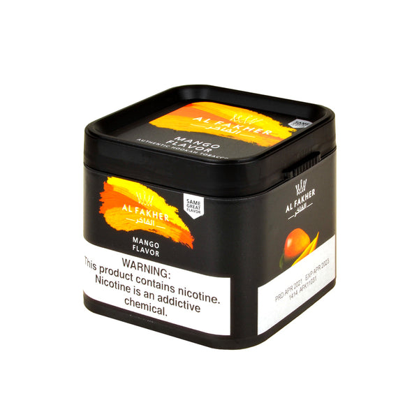 Close-up of Al Fakher Mango Shisha Tobacco box showing tropical fruit design