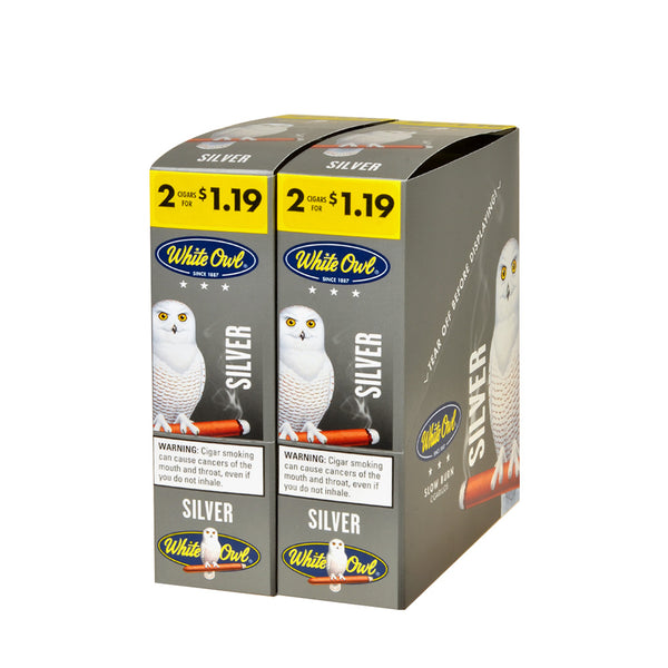 White Owl Silver Cigarillos 30 Packs of 2 Display Box Front View