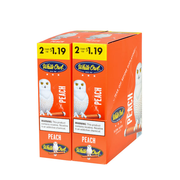 White Owl Peach Cigarillos 30 Packs of 2 Retail Display Box showing 60 total cigars