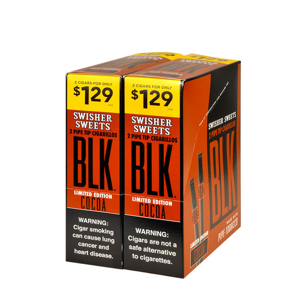 Swisher Sweets BLK Tip Cocoa Cigarillos 15 Pouches of 2 Box and Individual Pouch showing chocolate flavor branding