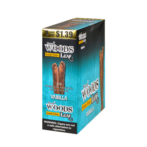 Good Times Sweet Woods Vanilla Cigarillos 15 Pouches of 2 Box and Packaging showing natural leaf texture