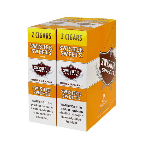 Close-up of Swisher Sweets Honey Banana Resealable Foil Pouch Packaging showing 2-count
