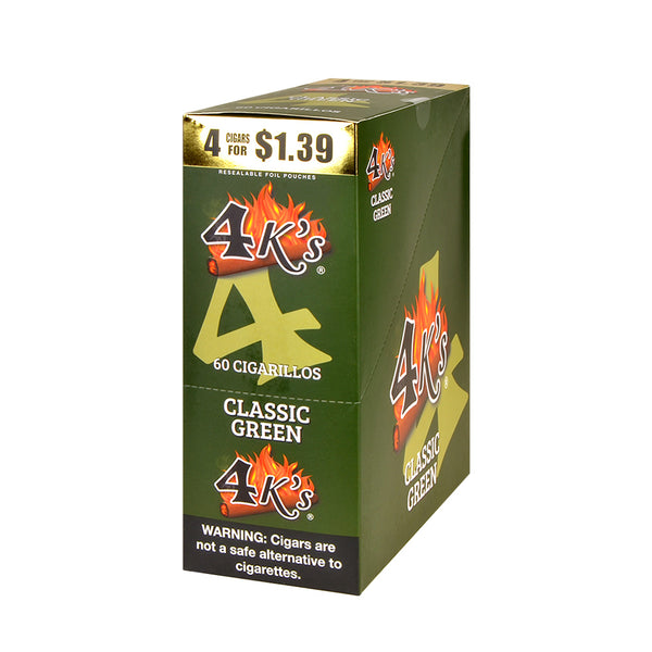 4 Kings Cigarillos 15 Packs of 4 Classic Green display box and individual foil pouches showing natural tobacco branding