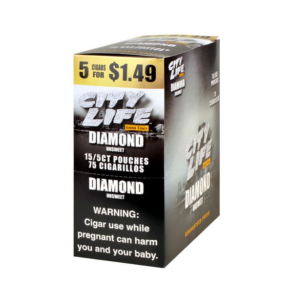 City Life Diamond Cigarillos 15 Packs of 5 Box showing $1.49 pre-priced label and Good Times USA branding
