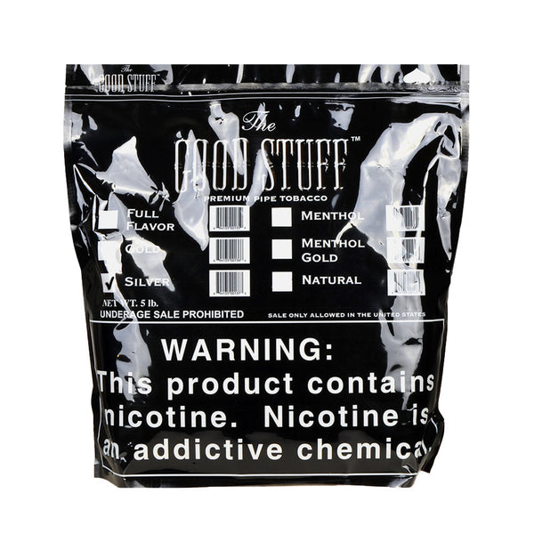 Good Stuff Silver Pipe Tobacco Size Comparison 6oz 16oz 5lb Bags