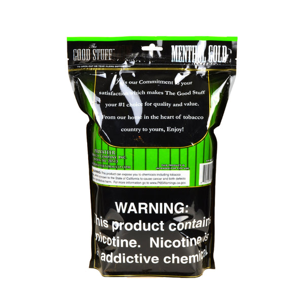 Good Stuff Menthol Gold 1lb Bag Back Label showing Ingredients and Re-sealable Seal