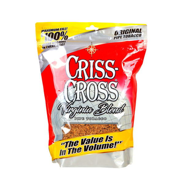 8oz bag of Criss Cross Virginia Blend Original Pipe Tobacco featuring the red and gold SX Brands packaging