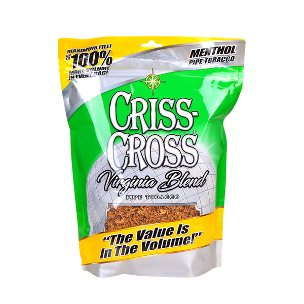 8oz bag of Criss Cross Virginia Blend Menthol Pipe Tobacco in green resealable packaging showing SX Brands logo