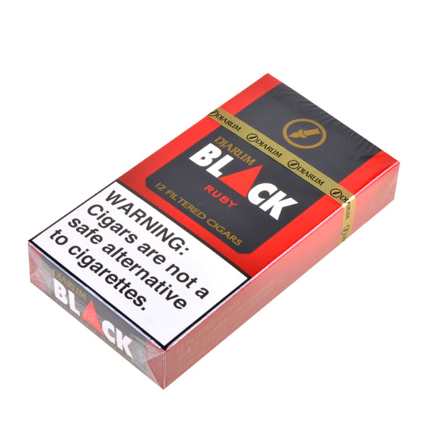 Single 12-stick pack of Djarum Black Ruby Cherry Filtered Clove Cigars showing black paper and filter