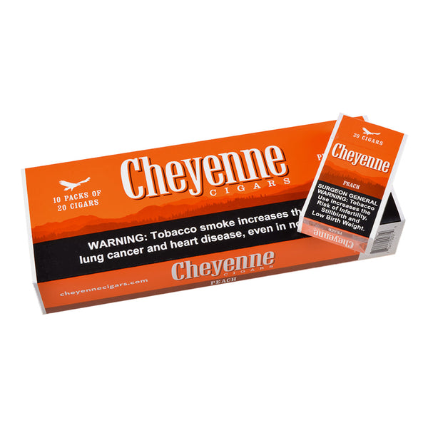 Top view of Cheyenne Peach Filtered Cigars 10 Pack Carton showing branding and 200 count