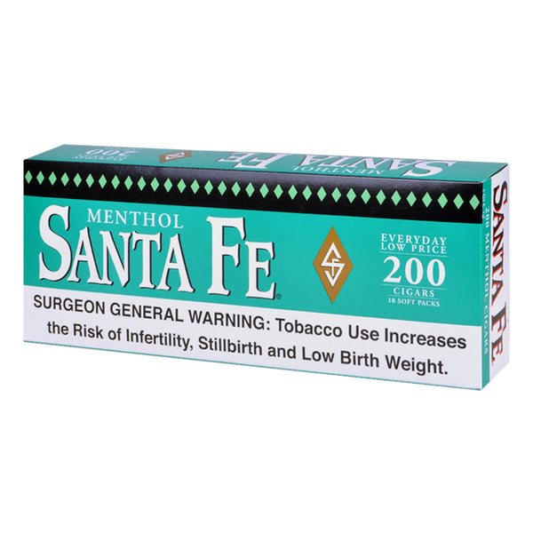 Santa Fe Menthol Filtered Cigars 10 Packs of 20 Carton and Individual Hard Pack showing New Mexico Tobacco branding