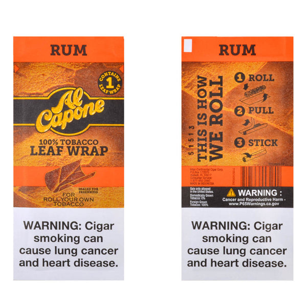 Individually sealed Al Capone Rum tobacco leaf wrap pouch showing freshness seal and branding