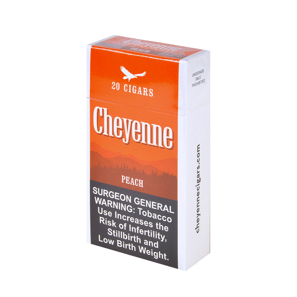 Single 20-count pack of Cheyenne Peach Filtered Cigars with sun-ripened peach logo