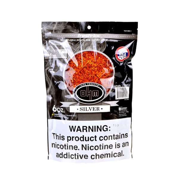 Back view of OHM Silver 1lb Tobacco Bag with Product Specifications