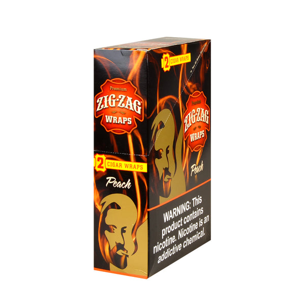 Zig Zag Wraps Premium Peach 25 Packs of 2 Display Box and Individual Foil Pouches showing 50 total slow-burning Dominican tobacco blunt wraps