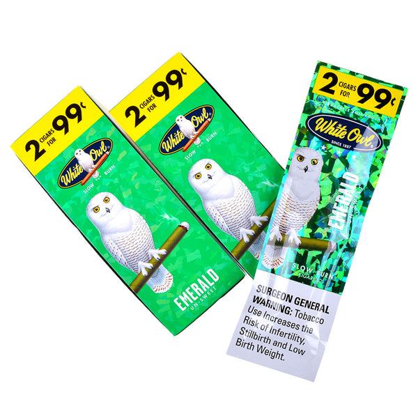Two White Owl Emerald Cigarillos resting on Freshness Foil Pouch