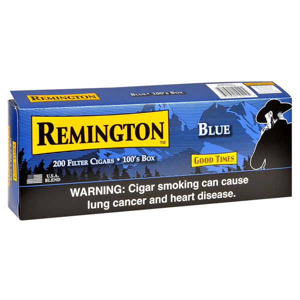 Close-up of Remington Blue Filtered Cigar pack and individual filtered little cigars