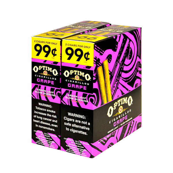 Optimo Cigarillos Grape 30 Pouches of 2 Box and Foil Packs showing 2 for 99 cents branding and natural leaf wrapper