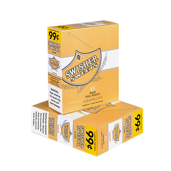 Close-up of Swisher Sweets Cream Cigarillo packaging highlighting vanilla and coffee flavor notes