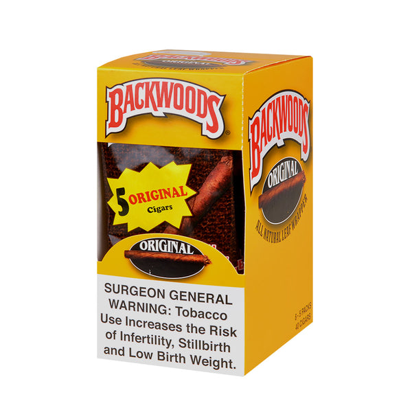 Backwoods Original Wild & Mild Cigarillos bulk 24-count display box and individual 5-pack pouches