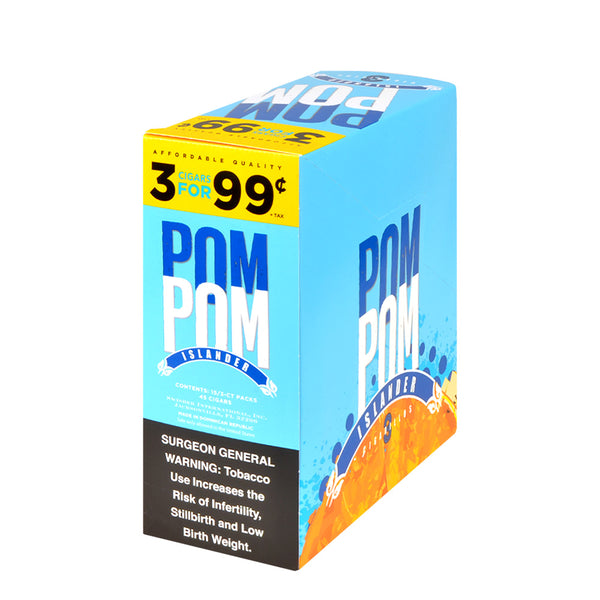 Pom Pom Islander Cigarillos 15 Packs of 3 Cigars 99 Cent Pre-Priced Display Box and Foil Pouches
