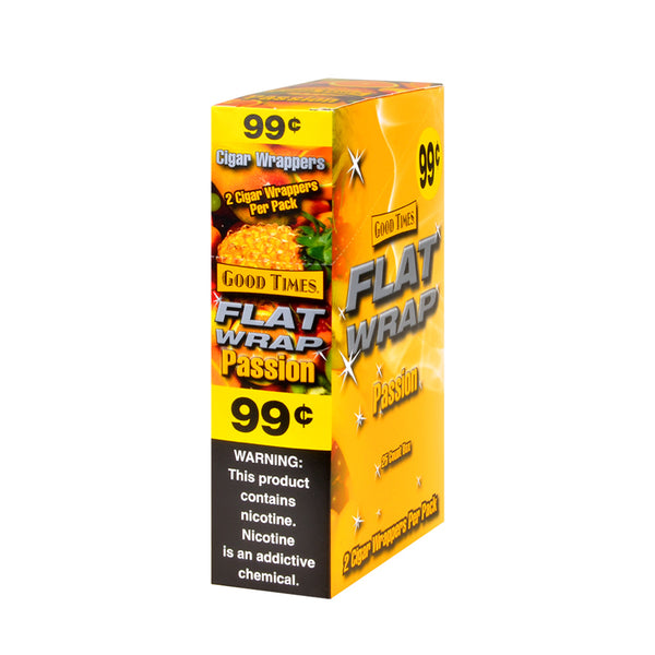 Good Times Passion Flat Wraps 25-count retail display box featuring 50 total passion fruit flavored Dominican tobacco wraps