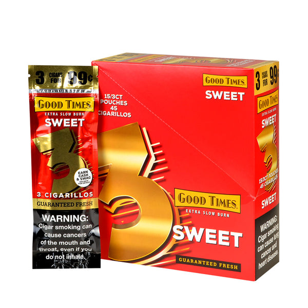Good Times Sweet Cigarillos 15 Packs of 3 Display Box - 45 Total Dominican Tobacco Cigars Pre-Priced 3 for 99 Cents