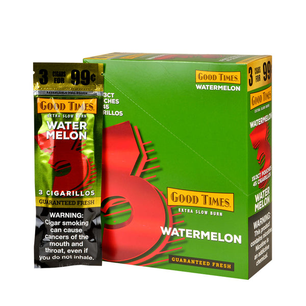 Good Times Watermelon Cigarillos 15 Packs of 3 Box and Individual Foil Pouches showing 3 for 99c pricing