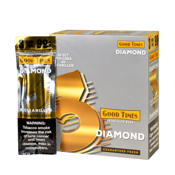 Good Times Cigarillos Diamond 15 Packs of 3 Box and Foil Pouches - 45 Natural Tobacco Machine Made Cigars