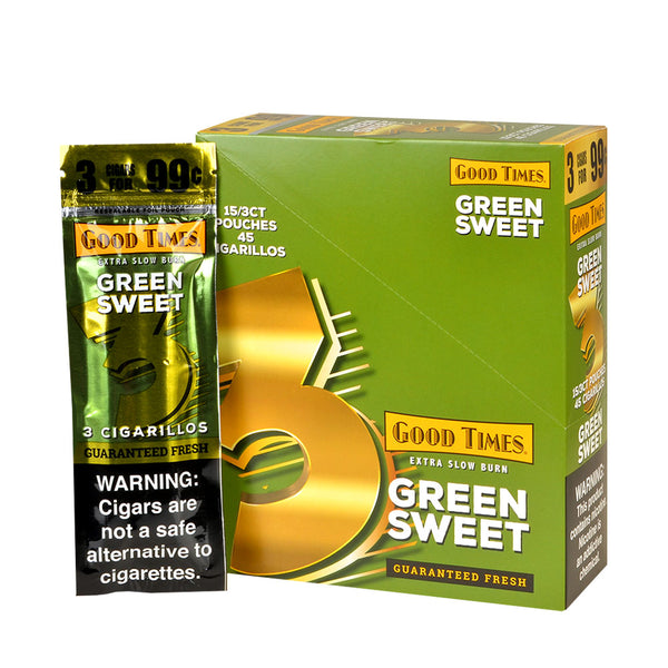 Good Times Green Sweet Cigarillos 15 Pack Box and 3-Count Foil Pouch Display