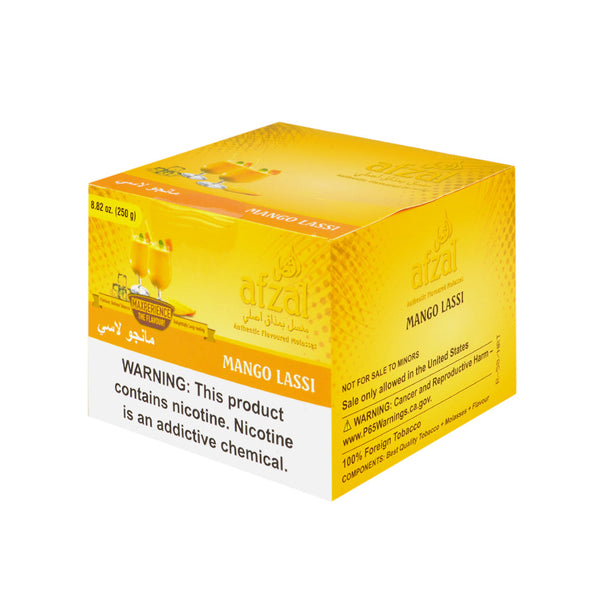 Afzal Mango Lassi Hookah Shisha Tobacco 250g pack showing premium blonde leaf molasses with mango and yogurt graphics