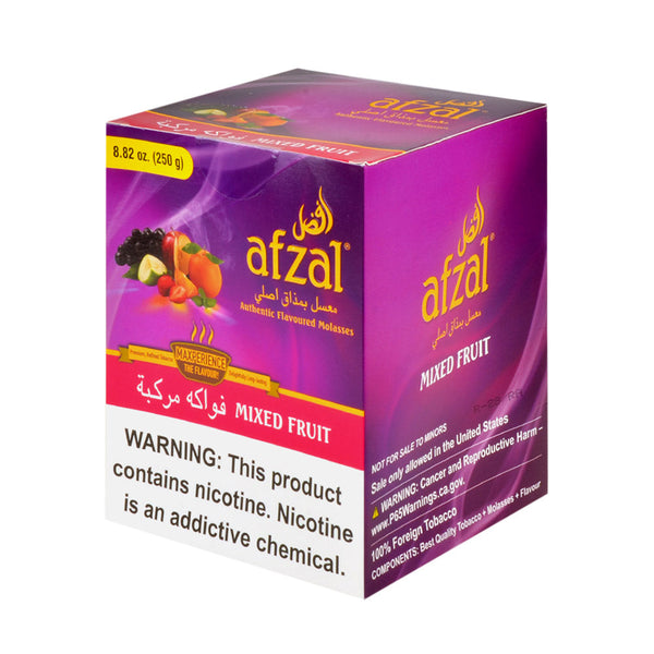 Afzal Mixed Fruit Hookah Shisha Tobacco 250g jar featuring apple, grape, orange, and pineapple flavor profile